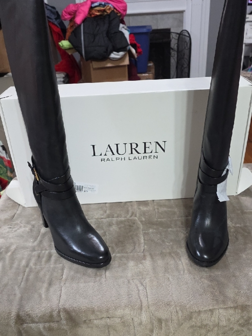 NEW Lauren Ralph Lauren Womens Tall Black Leather Heeled Boots Zip Buckles Sz 11